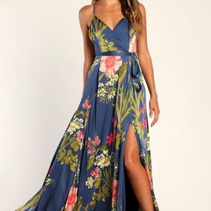 Lulus Still The One Blue Floral Print Satin Maxi Dress - Size M